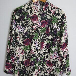 J Jill Womens M Purple Ivory Black Pink Floral LS Blouse Shirt Cottagecore